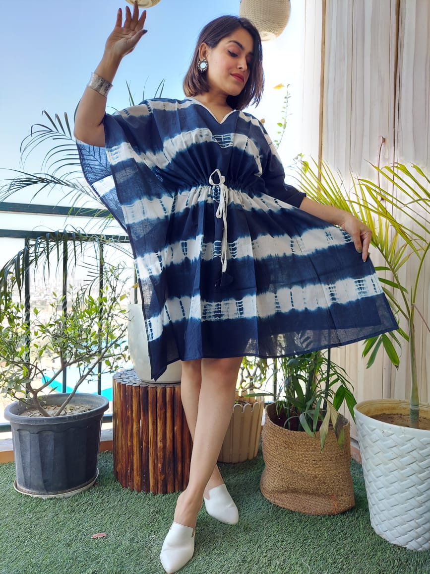 Blue Tie n Dye Breathable Printed Cotton Kaftan Dress Summer Wear Cotton and Kin House Blue Tie n Dye Breathable Printed Cotton Kaftan Dress Summer Wear Cotton and Kin House