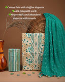 Green & White Floral Cotton Unstitched Suit with Bandhani Chiffon Dupatta & Gota Patti Work