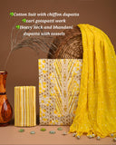Yellow Floral Cotton Unstitched Suit with Bandhani Chiffon Dupatta & Gota Patti Work