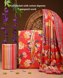 Coral-Red Floral Cotton Suit with Gota Patti Neck & Zari Border Dupatta