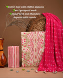 Pink & White Floral Cotton Unstitched Suit with Bandhani Chiffon Dupatta & Gota Patti Work