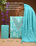 Turquoise Cotton Unstitched Suit with Bandhani Chiffon Dupatta & Zari Gota Patti Work