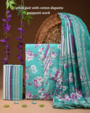 Turquoise Floral Cotton Suit with Gota Patti Neck & Zari Border Dupatta