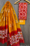 Red Yellow Block Printed Chanderi Silk Suit Dress Material with Dupatta